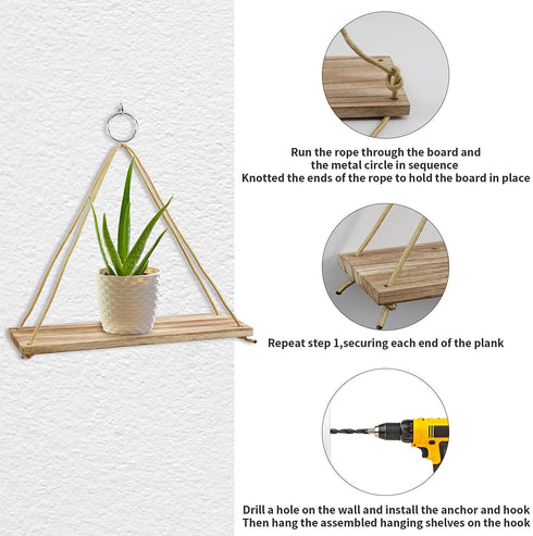 Hanging Shelves 3 Pack , POZEAN Wooden Floating Wall Shelves, Hanging Plant Shelf, Boho Wall Decor Shelves for Bedroom, Plants, Living Room, Office (Included 6 Ropes 3 Rings 3 Hooks and Anchors)