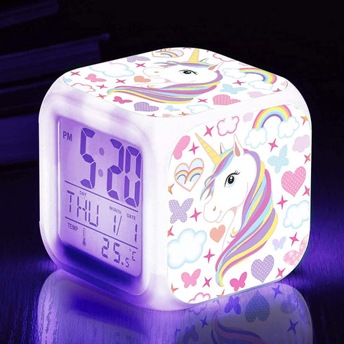 TOUCH X Girls Alarm Clocks, Unicorn Night Light Kids Alarm Clocks with 4 Sided Unicorn Pattern&9 Kinds of LED Glowing Wake Up Bedside Clock Gifts for Unicorn Room Decor for Girls Bedroom