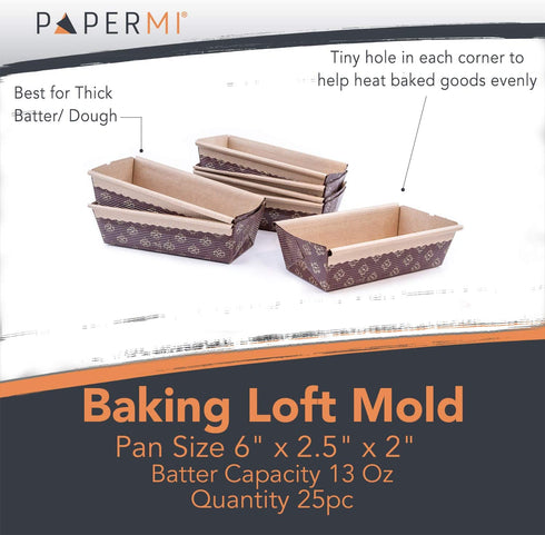 Paper Loaf Pan, Disposable Paper Baking Loft Mold 25ct, All Natural, Recyclable, Microwave Oven Freezer Safe, Providing Beautiful Display for Baked Goods (6"x 2.5"x2")