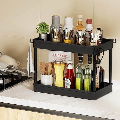 Under Sink Organizer and Storage, DUSASA 2-Tier Under Bathroom Sink Organizer Bath Collection Basket with 4 Hooks,Under Sink Shelf Organizer Rack,Multi-purpose Under Sink Storage for Bathroom