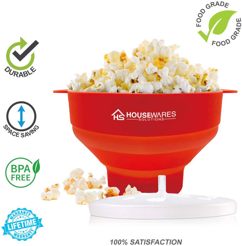 Collapsible Silicone Microwave Hot Air Popcorn Popper Bowl With Lid and Handles - Red