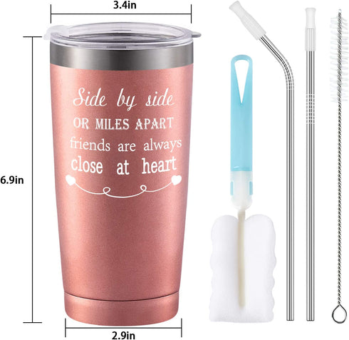 Friend Tumblers for Women Friends Friendship, Side By Side or Miles Apart Friends Are Always Close at Heart Travel Tumbler, 20 Oz Stainless Steel Insulated Tumbler, Rose Gold