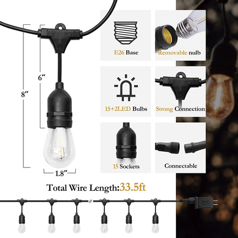 Bexdir Outdoor String Bulbs Lights, Waterproof Patio Light with 17 (2 Spares) Edison Bulbs, 33.5FT Heavy-Duty Decorative Hanging Lights, Shatterproof LED Outdoor String Lights for Garden (Warm White)