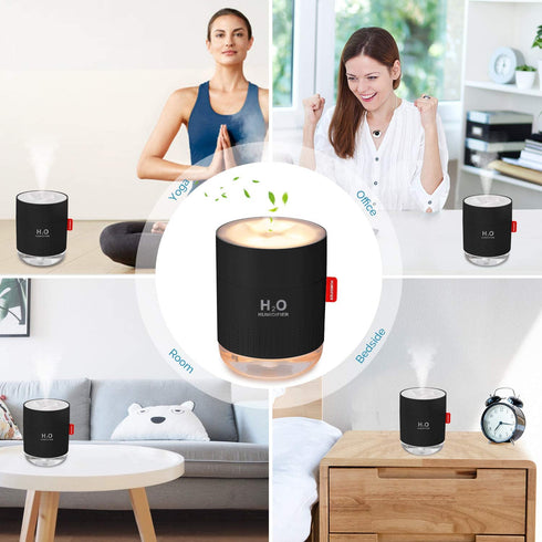 Portable Mini Humidifier, 500ml Small Cool Mist Humidifier, USB Personal Desktop Humidifier for Baby Bedroom Travel Office Home, Auto Shut-Off, 2 Mist Modes, Super Quiet (Black)
