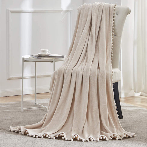 BEAUTEX Fleece Throw Blanket with Pompom Fringe, Beige Flannel Blankets and Throws for Couch, Super Soft Cozy Lightweight Plush Throw Blanket (50" x 60")