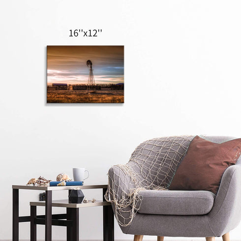 Hardy Gallery Rustic Windmill Picture Wall Art: Plains Landscape Artwork Farmhouse Painting Print on Canvas for Living Room (16'' x 12'' x 1 Panel)