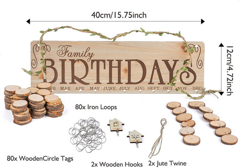 Birthday Wooden Calendar with 80pcs Round Discs for Family Wall Hanging, Anniversary Wood Reminder Board for Home Décor, DIY Gift for Grandma, Mom and Friends (Birthday)