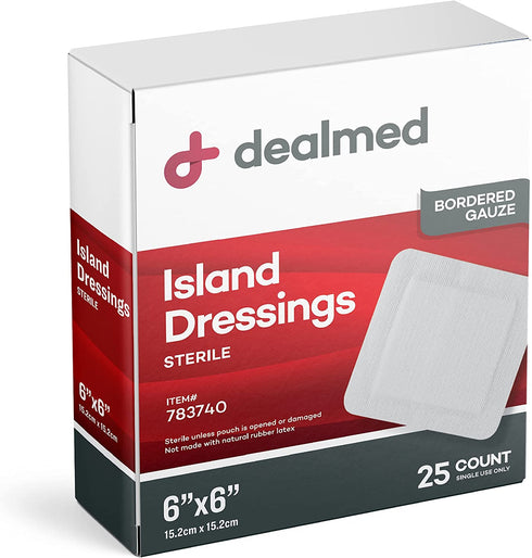 Dealmed Sterile Bordered Gauze Island Dressings – 25 Count, 6" x 6" Gauze Pads, Disposable, Latex-Free, Adhesive Borders with Non-Stick Pads, Wound Dressing for First Aid Kit and Medical Facilities