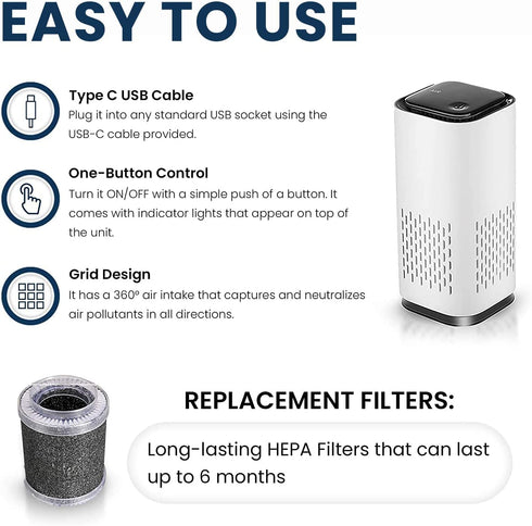 KIKI PURE A1 Mini HEPA USB-C Powered Air Purifier. Ultra Portable (5.2in tall, 6.7 ounces), Ultra Quiet. Perfect for Travel, In-Car and Desktop (White)