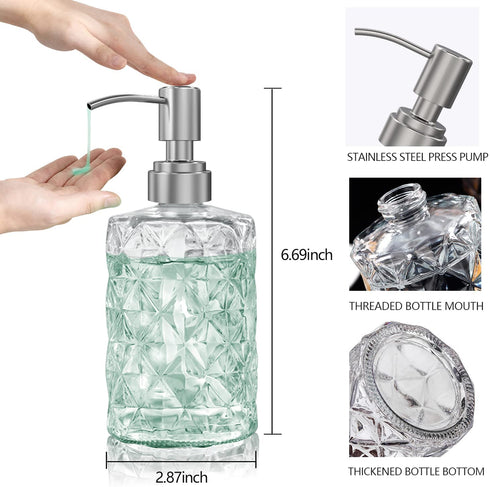 Soap Dispenser, Elegant Diamond Design 12 OZ Glass Soap Dispenser with Stainless Steel Pump, Dish Soap Dispenser, Kitchen Soap Dispenser, Bathroom Soap Dispenser, Dispenser for Hand Soap, Soap, Lotion