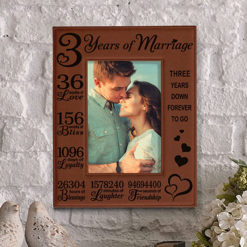 KATE POSH 3rd Anniversary, 3rd Wedding Anniversary, 3 Years Anniversary, Three Years of Marriage, Third Anniversary Engraved Rawhide Leather Picture Frame (4x6-Vertical)