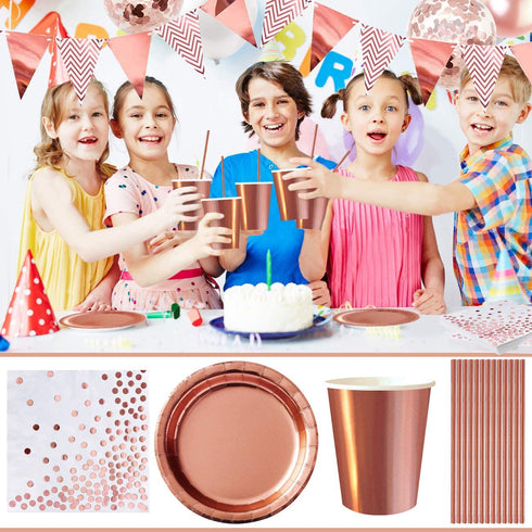 MOVINPE Rose Gold Party Supplies Decorations for 16 Guests Tableware Bunting Curtain Tablecloth Plates Napkins Cups Straws Balloon for Girl Women Birthday Wedding Hen Party Anniversary