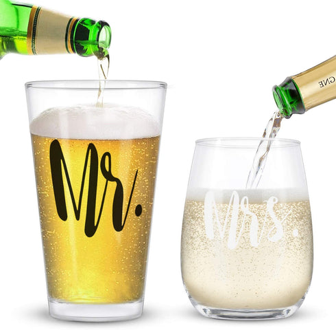 Mr and Mrs Stemless Wine Glass and Beer Glass Set of 2 - Funny Gifts for Him Her Wife Husband Couples, Couple Gift Set for Wedding Engagement Birthday Anniversaries Valentine's Day Christmas 12Oz