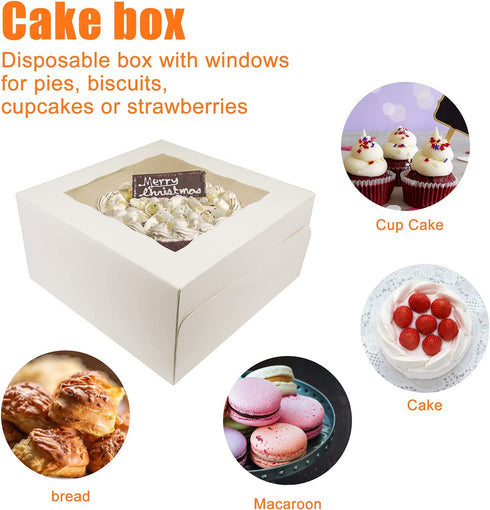 Cake Boxes 10 Inch, FEELFINE, 12pcs 10x10x5 Inches Bakery Boxes Cake Boxes with Window Cake Boards for Cakes, Cookies, Strawberries, Donuts, Muffins
