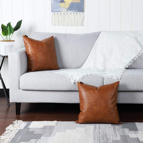 MANDIOO Set of 2 Faux Leather Decorative Throw Pillow Covers Modern Solid Outdoor Cushion Cases Luxury Pillowcases for Couch Sofa Bed 12x12 Inches Brown