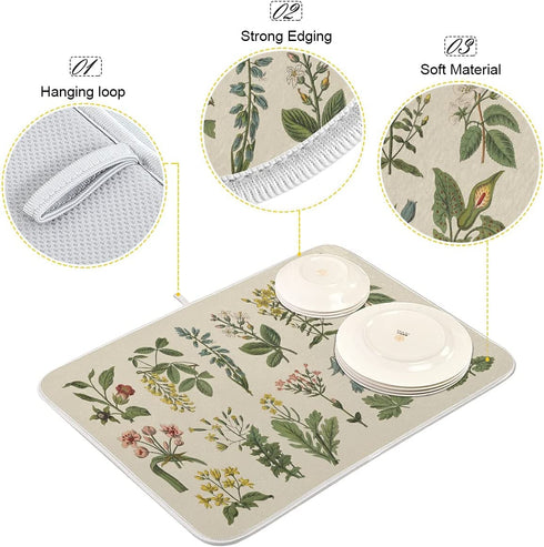 Flower Herbs Dish Drying Mat for Kitchen Counter Decor 18x24 Inch Absorbent Reversible Wild Plant Dish Mat Microfiber Drying Pad Sage Leaves Dish Drainer Rack Mats for Coffee Bar