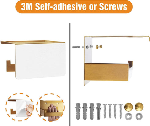 HITSLAM Gold Toilet Paper Holder, Stick on Brushed Brass Toilet Paper Holder with Shelf, Self Adhesive No Drill or Wall-Mount with Screws for Bathroom