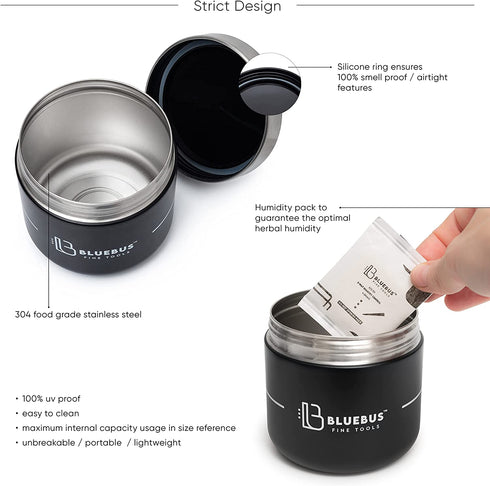 BLUE BUS BUNKER Smell Proof 500ML Jar Airtight Container - Multipurpose Bunker for Keeping Herb, Spice, Coffee, & Tea Fresh, Airtight Storage Canister with Moisture Bag, Magnet Stand, & Pen (Black)