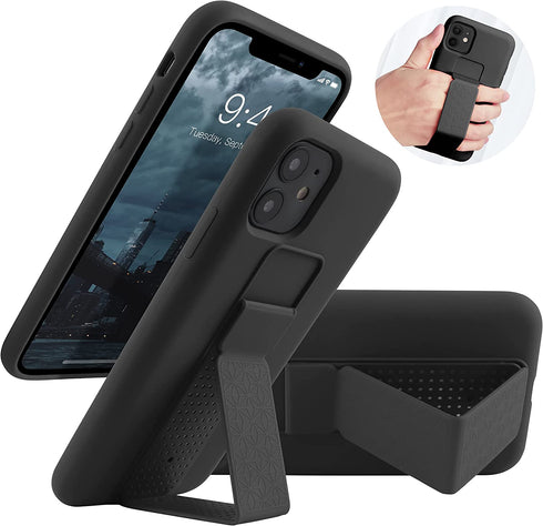 LAUDTEC Silicone Kickstand Case Compatible with iPhone 11 case Vertical and Horizontal Stand Hand Strap Metal Kickstand, Flexible Soft Liquid Silicone Stand Case for iPhone 11(Black)
