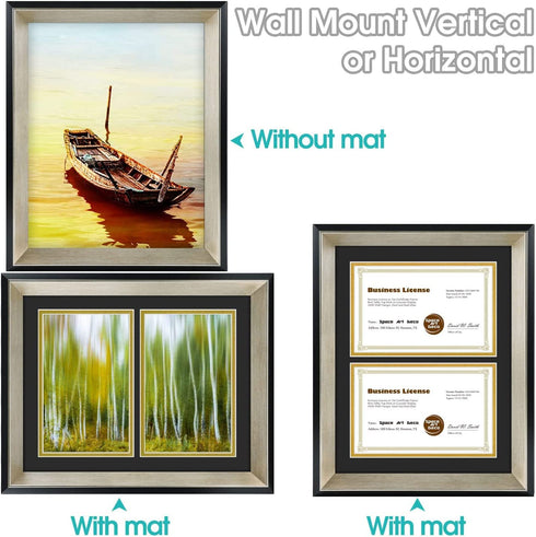 Space Art Deco, 11x14 Picture Frame with 2 Opening for Two 5.5x8.5 Business Licenses with Mat or 11x14 Frame Without Mat.Wall Display Horizontal or Vertical, High Definition Glass (Black with Silver Beveled Design)