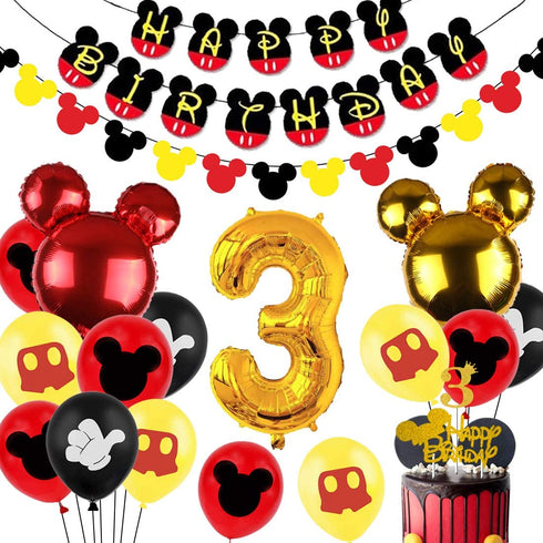 Cartoon Mouse 3rd Birthday Decorations Boys 3 Years Old Birthday Party Supplies with Number 3 Foil Balloons Birthday Banner Garland