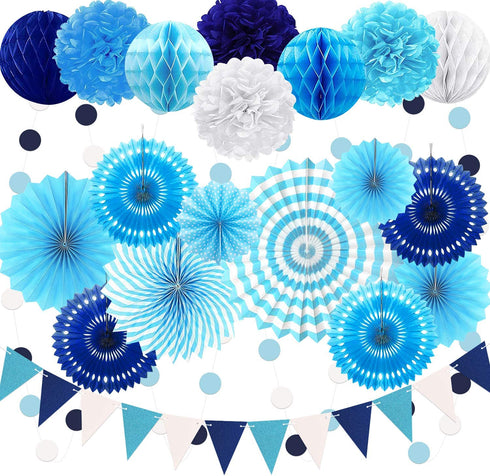 23Pcs Paper Fan Party Decoration, Navy Blue Hanging Paper Fans, Pom Poms Flowers, Garland String Polka Dot and Triangle Bunting Flag Packs for Boy Birthday, Bridal Shower, Baby Showers, Wedding