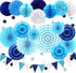 23Pcs Paper Fan Party Decoration, Navy Blue Hanging Paper Fans, Pom Poms Flowers, Garland String Polka Dot and Triangle Bunting Flag Packs for Boy Birthday, Bridal Shower, Baby Showers, Wedding