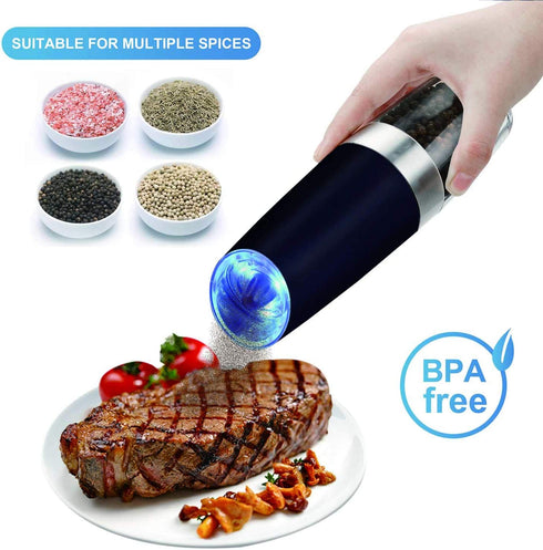 Pepper Grinder, Gravity Electric Pepper Mill, Battery Operated Automatic Salt Mill with Blue LED Light, One Handed Operation, Adjustable Coarseness, Black?Including Stainless Steel Spoon?