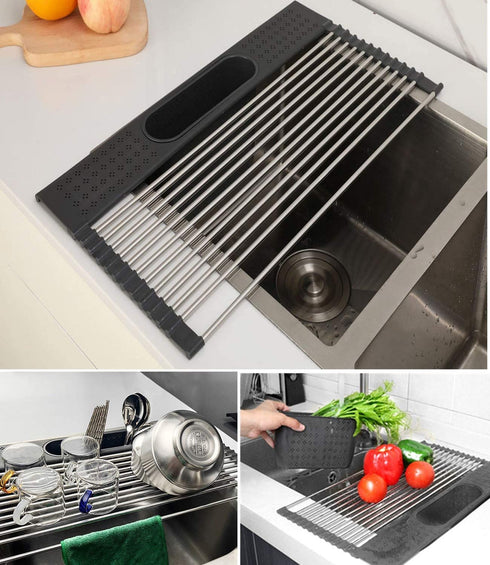 20.5" x 11.8" Large Roll Up Dish Drying Rack for Kitchen, 2 in 1 Design Over The Sink Multi-Function Roll-up Dish Rack and Utensil Plates Holders for Dishes, Vegetable and Fruit-Dark Gray