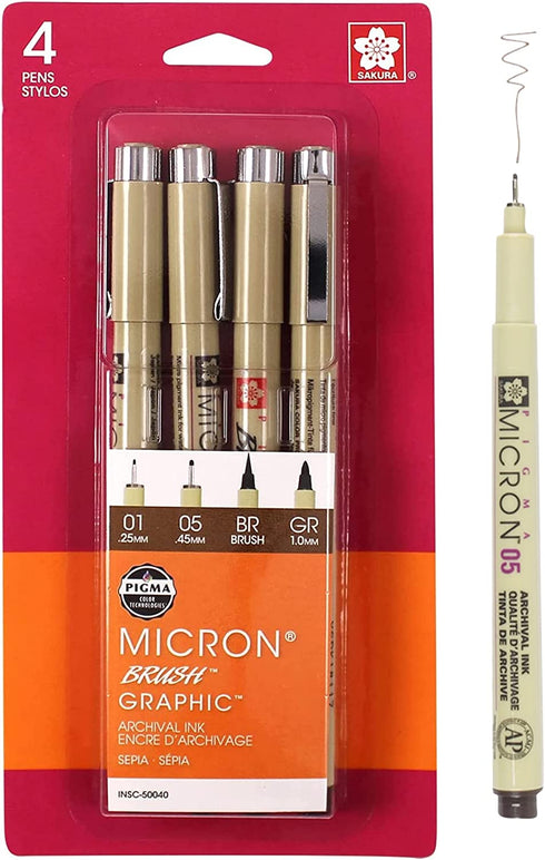 Sakura Pigma 50040 Micron Blister Card Ink Pen Set, Sepia, Pigma 4CT Set