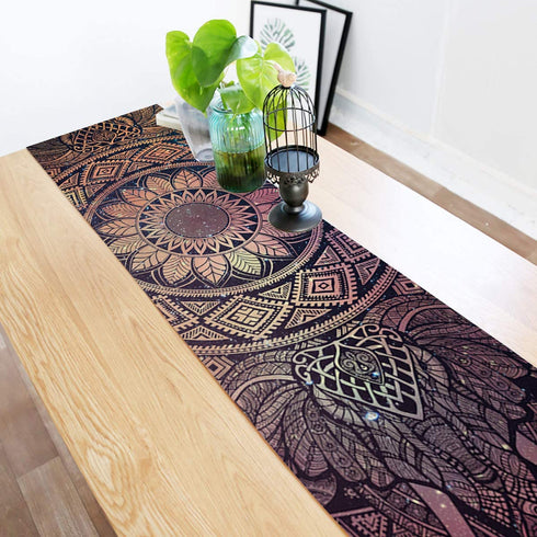 FAMILYDECOR Linen Burlap Table Runner Dresser Scarves, Mandala Elephant Indian Boho Bohemian Hipper Design Kitchen Table Runners for Dinner Holiday Parties, Wedding, Events, Decor - 14 x 72 Inch