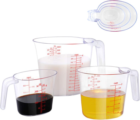 Drizom Measuring Cups Set , Good Grips 3-Piece Measuring Cup Set of BPA-free Stackable Clear Heat-resistant Plastic with Unique Plug-in Nested Design Handle and Multiple Angled Measurement Scales