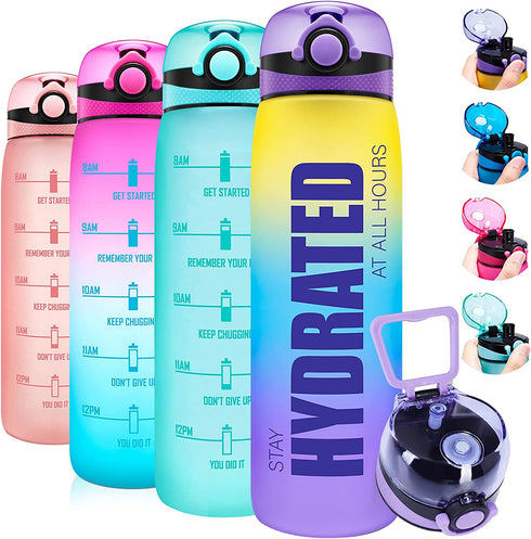 Elvira 32oz Motivational Water Bottle with Time Marker & Removable Fruit Infuser, Leakproof BPA Free Wide Mouth, Ensure You Drink Enough Water Daily for Fitness and Outdoor Activity