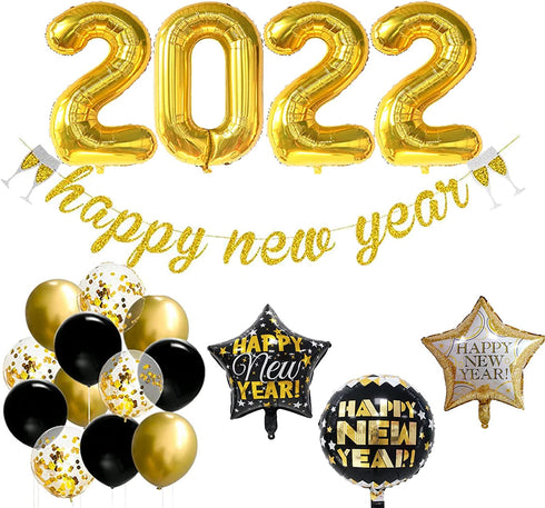 ORDA New Years Eve Party Supplies 2022, 47PCS Happy New Year Decorations Including Gold-Glitter Happy New Year Banner, 2022 Gold Foil Number Balloons, Black and Gold Confetti Balloons, Star Balloons, 4D Balloons