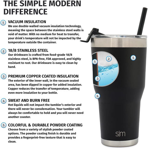 Simple Modern Cruiser Tumbler with Clear Flip Lid and Straw - Insulated Travel Mug Stainless Steel Water Bottle 30 Ounce - Midnight Black