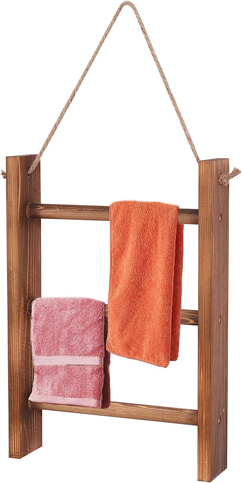 Ladder Towel Rack Wall Hanging Rustic Wood Blanket Holder for Bathroom Farmhouse Decor Ladder Hand Towels Stand with Rope Wall-Mounted Towel Storage Rack Shelf.(Brown)