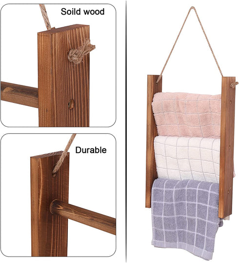 Ladder Towel Rack Wall Hanging Rustic Wood Blanket Holder for Bathroom Farmhouse Decor Ladder Hand Towels Stand with Rope Wall-Mounted Towel Storage Rack Shelf.(Brown)