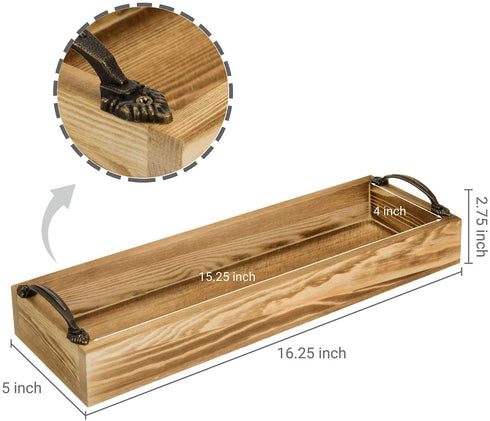 MyGift 16-inch Burnt Wood Serving Tray with Decorative Antique Metal Handles | Farmhouse Decor Rectangular Butler Tray | Coffee Table/Dining Table Centerpiece Candle Holder Tray