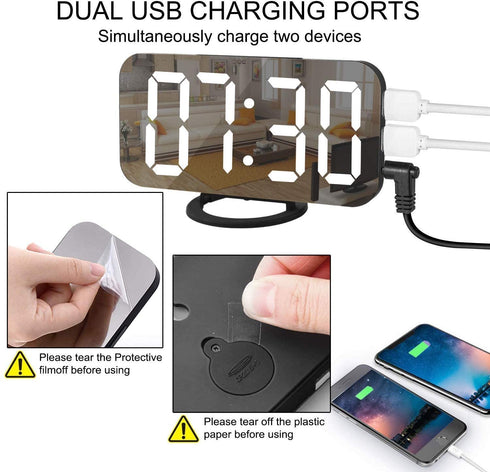 EVILTO Modern Alarm Clock with USB Charger Ports Digital Mirror Alarm Clock Best Decorative for Table Bedroom Wall LED Time Clock Unique Square Alarm Clocks Plug in Clock with Charging Plug