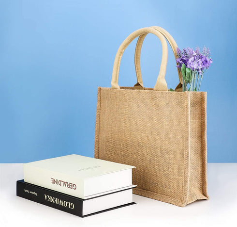 Segarty Tote Bags, 3 Pack Medium Burlap Jute Reusable Canvas Gift Favors Bag with Handles Blank Totes Bulk for Bridesmaid Wedding, Women Market Grocery Shopping, Bachelorette Party, Beach Trip, DIY