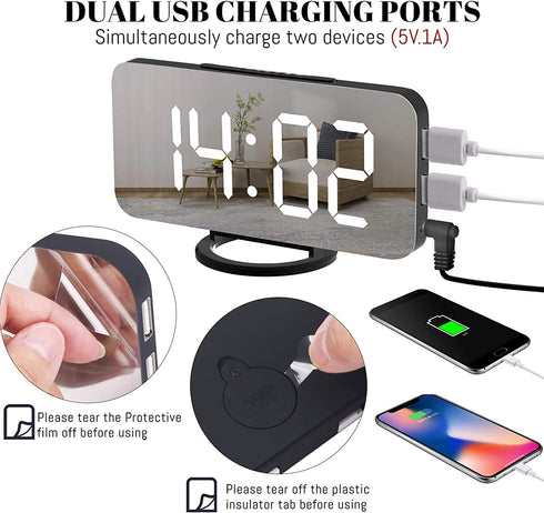 WulaWindy Digital Alarm Clock, Large LED Display, with USB Charger, Snooze Function Dim Mode Wall Hanging Beside Desk Clock for Bedroom (Black)