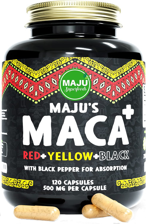 Strong Organic Maca Capsules 60,000 MG Bottle + Black, Yellow, Red Root, w/ Black Pepper Extract for Absorption, Roots Grown in Peru, Peruvian Powder, Men & Women Supplement