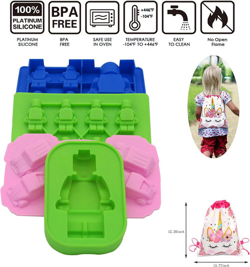 Nuoda Chocolate Candy Silicone Mold, Building Blocks Ice Tray, Robots and Cars Fondant Mold with Children Party Drawstring Bag-Easy to Use and Clean