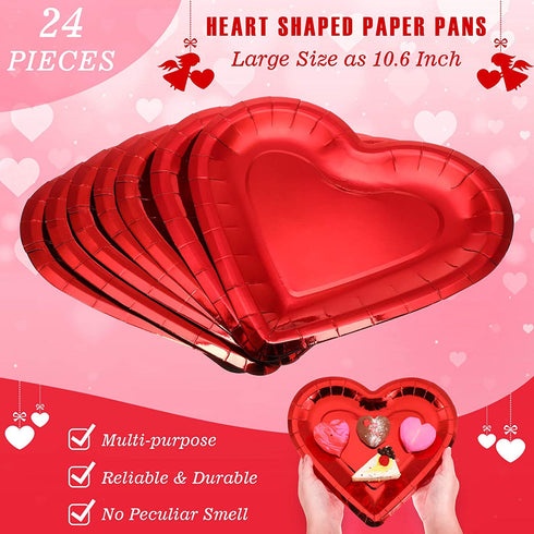 24 Pieces Thick Heart Shaped Paper Plates Disposable Party Plates 10.6 Inch Large Size Dinnerware Plates Decorative Tableware for Mother's Day, Wedding Birthday Grad Party Valentine's Day
