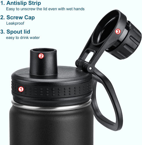 Koodee Kids Water Bottle 16 oz Stainless Steel Triple Wall Vacuum Insulated Wide Mouth Bottle Kids with Leakproof Spout Lid (Black)