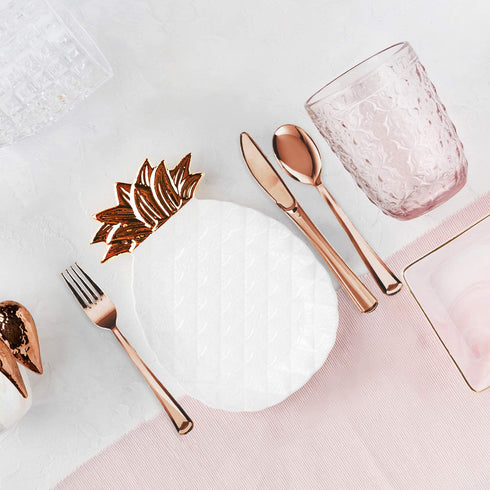 Rose Gold Plastic Silverware Party Utensils Set Heavy Duty Plastic Disposable Cutlery (30 Spoons, 30 Forks & 30 Knives) Ideal for Rose Gold-Themed Elegant Parties, Birthdays & Luxury Weddings