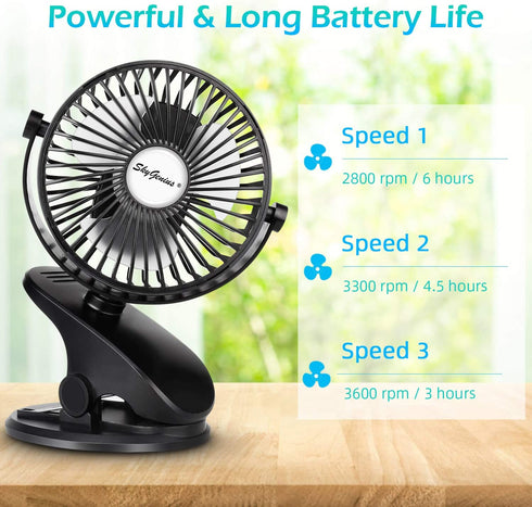 SkyGenius Battery Operated Stroller Fan, Rechargeable USB Powered Mini Clip on Desk Fan