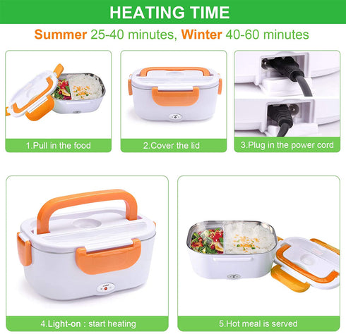 Electric Lunch Box Food Heater Warmer 2 in 1 for Home Office 110V and Car 12V 40W Use Include 1.5L Removable Stainless Steel Container Spoon and 2 Compartments(Orange)