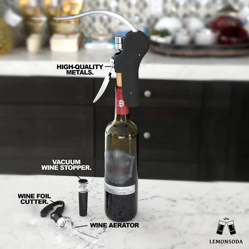 LEMONSODA Screwpull Lever Wine Bottle Opener Set - Corkscrew Wine Opener, Foil Cutter, Wine Pourer, Vacuum Wine Stopper, Extra Spiral - Cool Metal Cork Remover and Wine Tools for Easy Bottle Opening