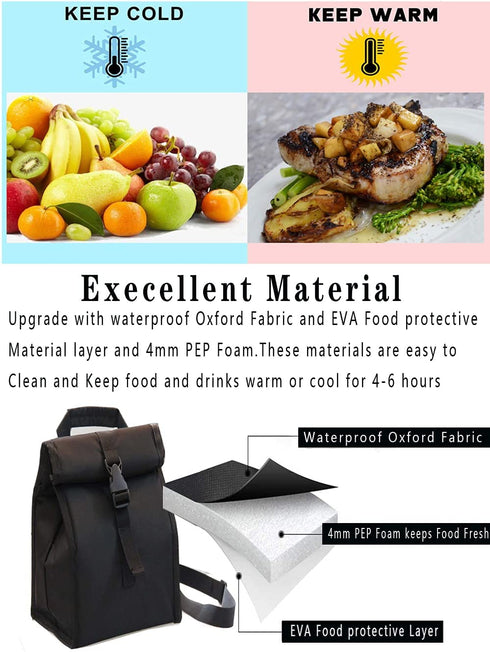 Insulated Lunch Bag Thermal Foldable Lunch Box with Adjustable Shoulder Strap for Men, Adults, Women Office, Work, Picnic Hiking Beach